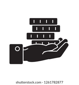 Hand with coins black vector concept icon. Hand with coins flat illustration, sign