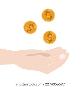 A hand with coins falling into it. Flat vector illustration