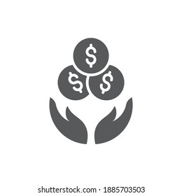 Hand with coins icon, color, line, outline vector sign, linear style pictogram isolated on white. Symbol, logo illustration