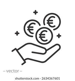 hand with coins icon, euro cents, vector illustration on white background, money in hand, linear icons