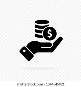 Hand with coins icon, logo. Money in hand. Dollar coin icon in black. Finance icon in black. Business icon. Money sign. Vector EPS 10