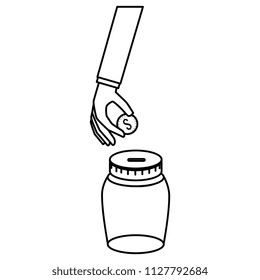 hand with coins and jar