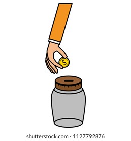 hand with coins and jar
