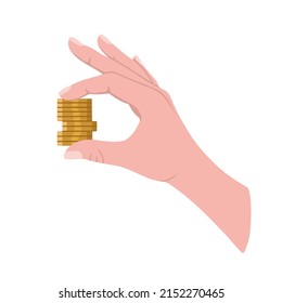 Hand with coins, money, cash in hands. Vector Illustration for printing, backgrounds, covers, packaging, greeting cards, posters, stickers, textile and seasonal design. Isolated on white background.