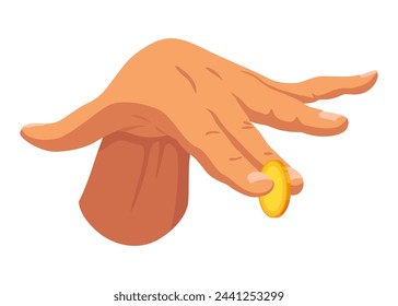 Hand with coins. Money donation, charity or investment. Coins or cash in hand. Colorful flat vector illustration with isolated on white