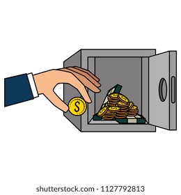 hand with coins and safe box