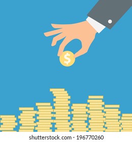 Hand with coins. Vector illustration. 