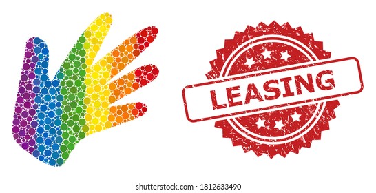 Hand collage icon of circle spots in various sizes and rainbow colored shades, and Leasing textured rosette stamp seal. A dotted LGBT-colored Hand for lesbians, gays, transgenders, and bisexuals.