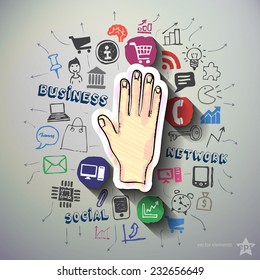 Hand collage with icons background. Vector illustration