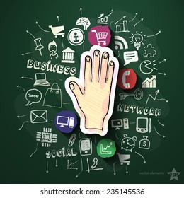 Hand collage with icons on blackboard. Vector illustration