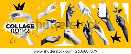 A hand collage kit with a yellow halftone for a write or phone element and a bold pop art zine design..