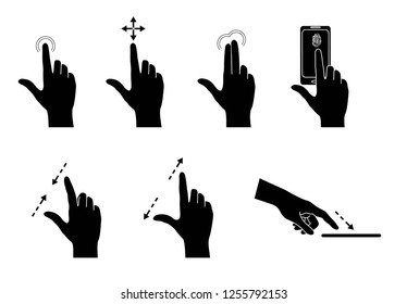 Hand collection. Different gestures for touch screens of phones, tablets, smartphone. Black silhouette. Isolation. Vector