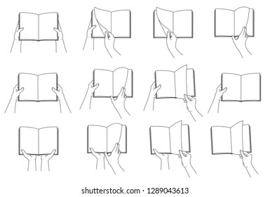 Hand collection. Hands hold open book. Fingers leafing through pages. Isolated  contour. Vector 