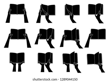 Hand collection. Hands hold open book. Fingers leafing through pages.  Black silhouette. Isolation. Vector