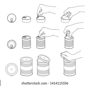 Hand collection. Hands open various  tin cans.  Set of various tin cans with key, ring and plastic lid.  Side view and top.  Vector illustration