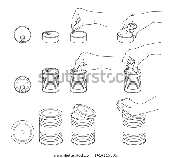 Hand collection. Hands open various  tin\
cans.  Set of various tin cans with key, ring and plastic lid. \
Side view and top.  Vector\
illustration