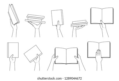 Hand Collection. Hand Holding Book.  Different Hand Gestures.  Isolated  Contour. Vector