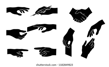 Hand collection. Set  icons. Different gestures. Isolated black silhouette.  Concept for business. Vector