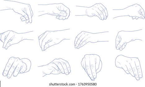 Hand collection. Sprinkling hand gesture in blue vector line illustration. Set of cooking and pinch hand gesture.