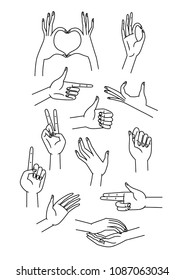 Hand collection, vector line illustration. Black and white image.