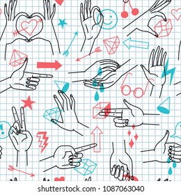 Hand collection, vector line illustration. Color details. Seamless pattern.