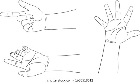 Hand collection - vector line illustration on white background.