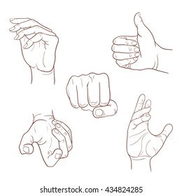 Hand collection - vector line illustration of hands gesture black and white