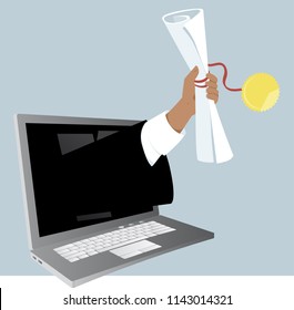 A hand with a college or university diploma coming out of a computer screen, as a metaphor for on-line education, EPS 8 vector illustration 