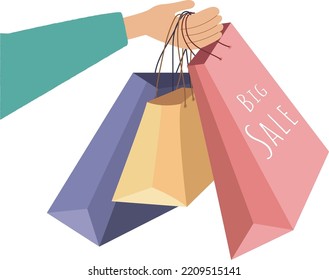 In the hand color shopping bags with the big sale. Vector illustration on white background.Big sale in store. Black Friday.For seasonal sales and discounts promotions design.