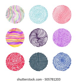 Hand colored texture. Set. The art collection of black design elements: circles, brush, wavy lines, abstract backgrounds, patterns. Vector illustration. Isolated on white background. Drawing by hand.