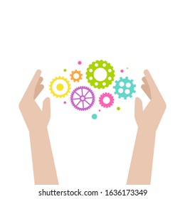 Hand with colorful gears. Skills set and support icon isolated on white. Creative solutions, team work, know-how concept. Vector flat illustration