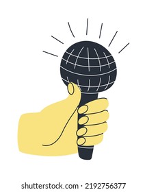 Hand with colorful microphone. Different gestures sign vector. Journalism illustration, live report, breaking news concept vector. 
