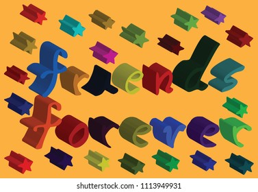 Hand coloured illustration with 3D effect of friends forever on yellow background. Background, card, poster, postcard, t-shirt, bag, clothes.