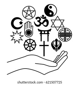 hand with combination of religious symbols. Symbols of major religions in the world. 