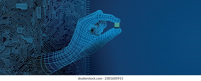 Hand comes out of a circuit board holding between his fingers a microchip. Drawing in light blue lines on a dark blue background. Image with copy space