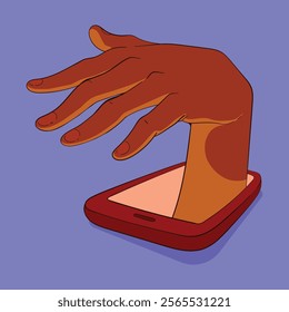 A hand comes out from mobile screen vector. Mobile Phone addiction concept illustration