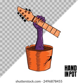 hand comes out of the pot. hand holding guitar. zombies and monsters for music or halloween celebrations.