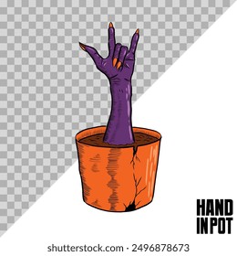 hand comes out of the pot. metal gesture hand. zombies and monsters for music or halloween celebrations.