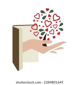 hand coming from open book and holding abstract heart tree 