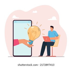 Hand coming out of big phone giving lightbulb to man with laptop. Person getting idea from friend or internet flat vector illustration. Creativity, inspiration, start-up, communication concept