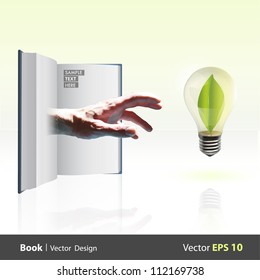 Hand coming out of a book and taking a bulb with a leaf inside. Vector design.