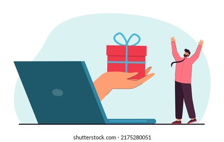 Hand coming out of huge laptop and giving gift box to tiny man. Worker receiving present or prize online flat vector illustration. Loyalty program, celebration, marketing, birthday concept for banner