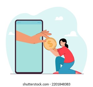 Hand coming out of huge phone and giving gold coin to girl. Big hand holding money for daughter or child, flat vector illustration. Charity, pocket money concept for banner or landing web page