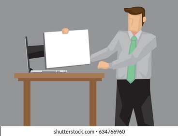Hand coming out of laptop computer screen holding a blank document with copy space for business professional. Creative cartoon vector illustration on using digital technology for work.
