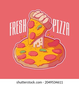 Hand coming out of a pizza holding a slice vector illustration. Food, brand, funny design concept.