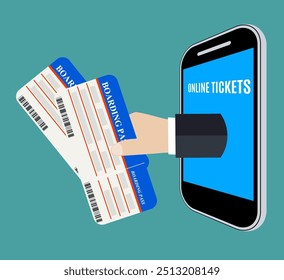 Hand coming out of the smartphone with airplane ticket . Online tickets booking concept. Vector illustration in flat design