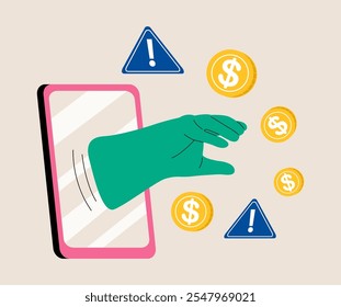Hand coming out of a smartphone with coins. Give money concept. Colorful vector illustration
