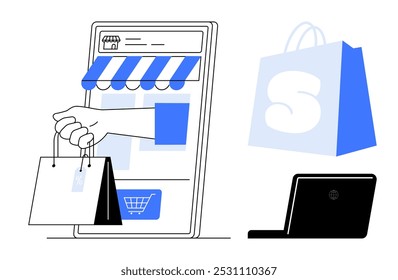 A hand coming out of a smartphone holds shopping bags while a laptop and shopping bag icon are visible nearby. Ideal for e-commerce, online shopping, digital retail, internet marketing, technology