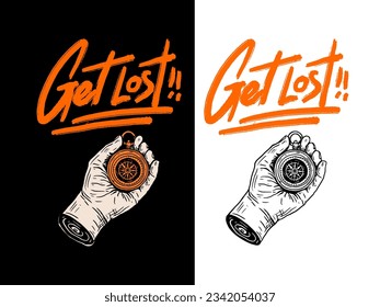 Hand with compass handrawn with get lost lettering