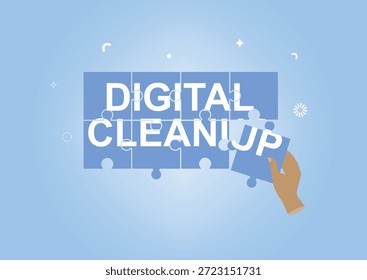 Mano que completa Digital Cleanup Puzzle Gráfico que simboliza la solución digital organizada. Concepto de día de limpieza digital. Responsable digital. Tecnología verde. Diseño plano. Ilustración vectorial